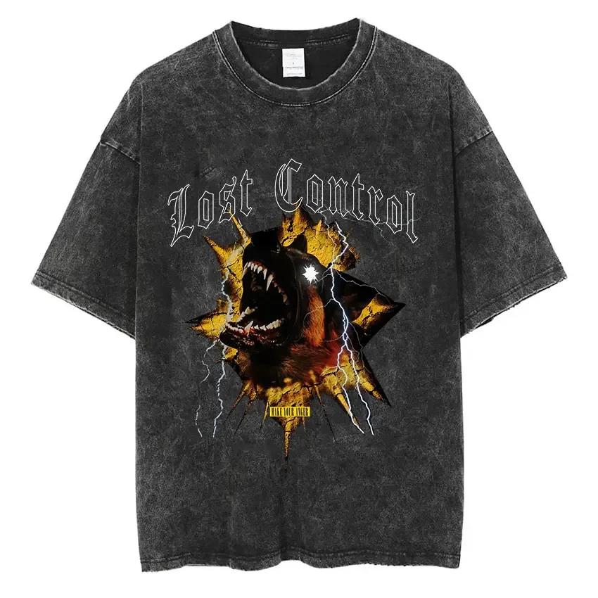 Винтажная футболка с вареным эффектом Ротвейлер Доберман Мужская хип-хоп трендовая футболка с коротким рукавом Мужская модная футболка оверсайз Уличная одежда