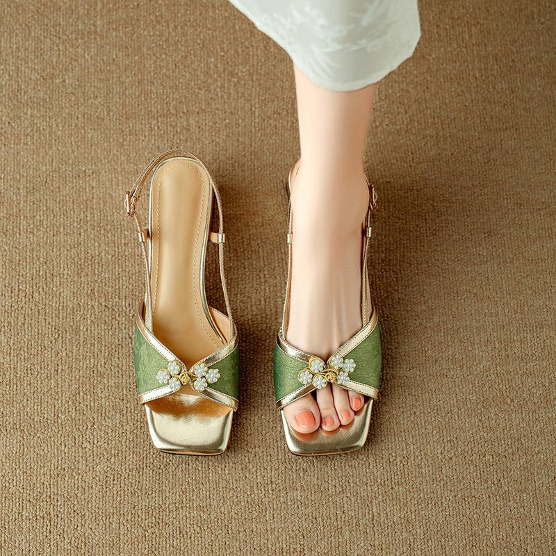 Square Head Beaded Disc Buckle Open-toed Sandals Women's Summer Retro National Style Thick Middle Heel with Sandals