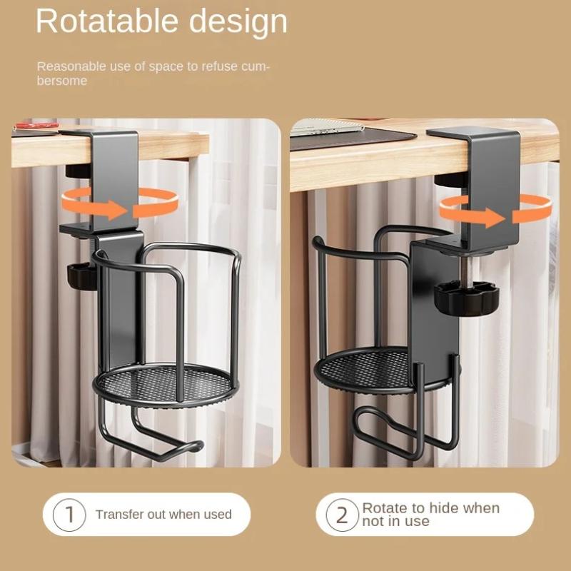 2 In 1 Desk Cup Holder with Headphone Hanger Holder, Anti-Spill Clip-On Table Cup Hook with 360° Rotation for Office Home Table