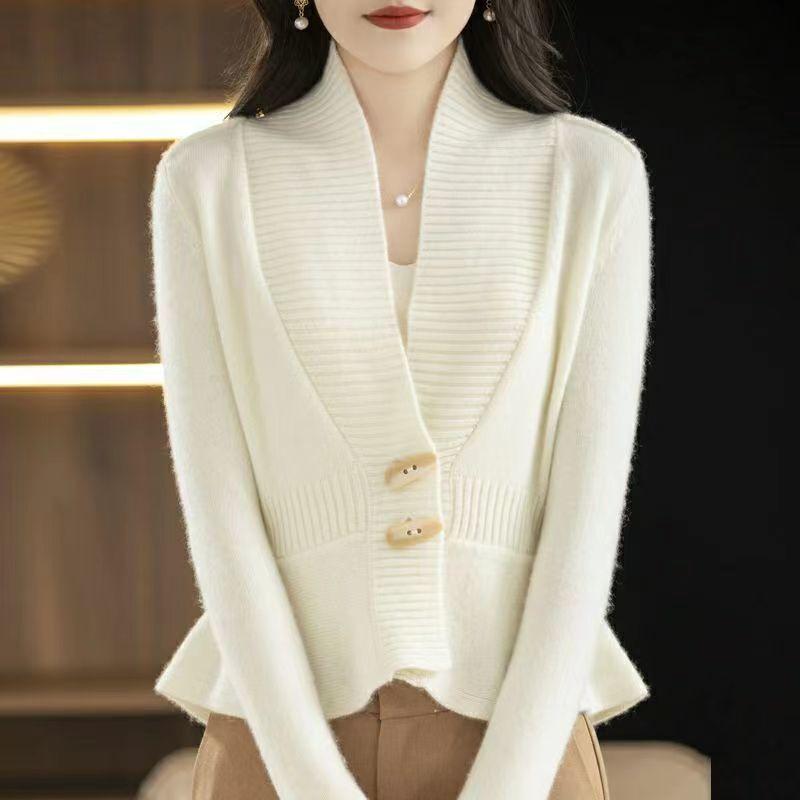 Sweater Autumn and Winter 2022 Knitted Cardigan Women V-neck Cow Horn Button Waist Neck Sweater Ruffle Cardigan Sweater Coat Top