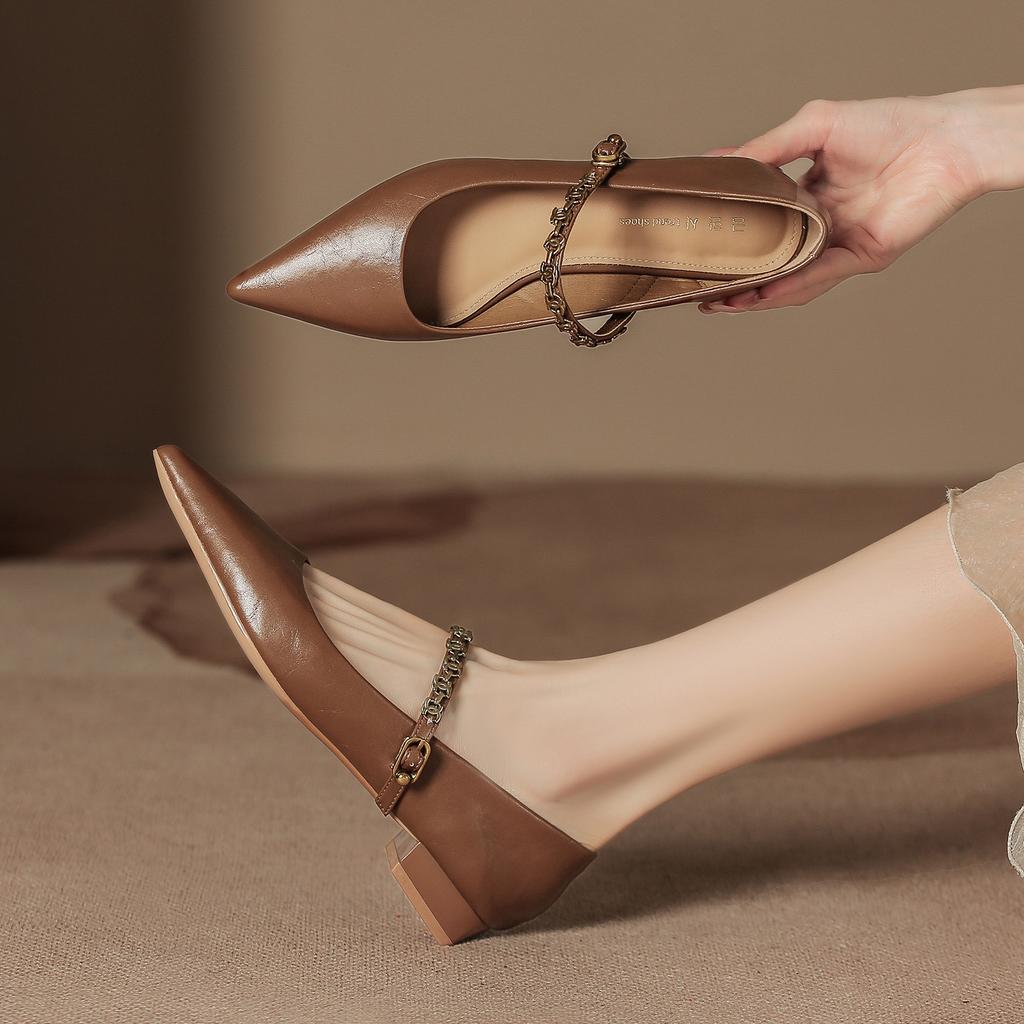 Одно слово с металлическим ремнем туфли Мэри Джейн женские остроносые на низком каблуке легкие повседневные туфли черные универсальные нишевые темпераментные туфли