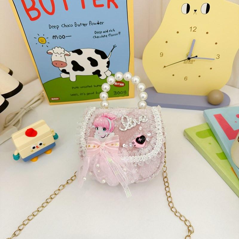 Crossbody Bowknot Girls Bag Sparkly Cartoon Shoulder Bag With Pearl Chain Strap