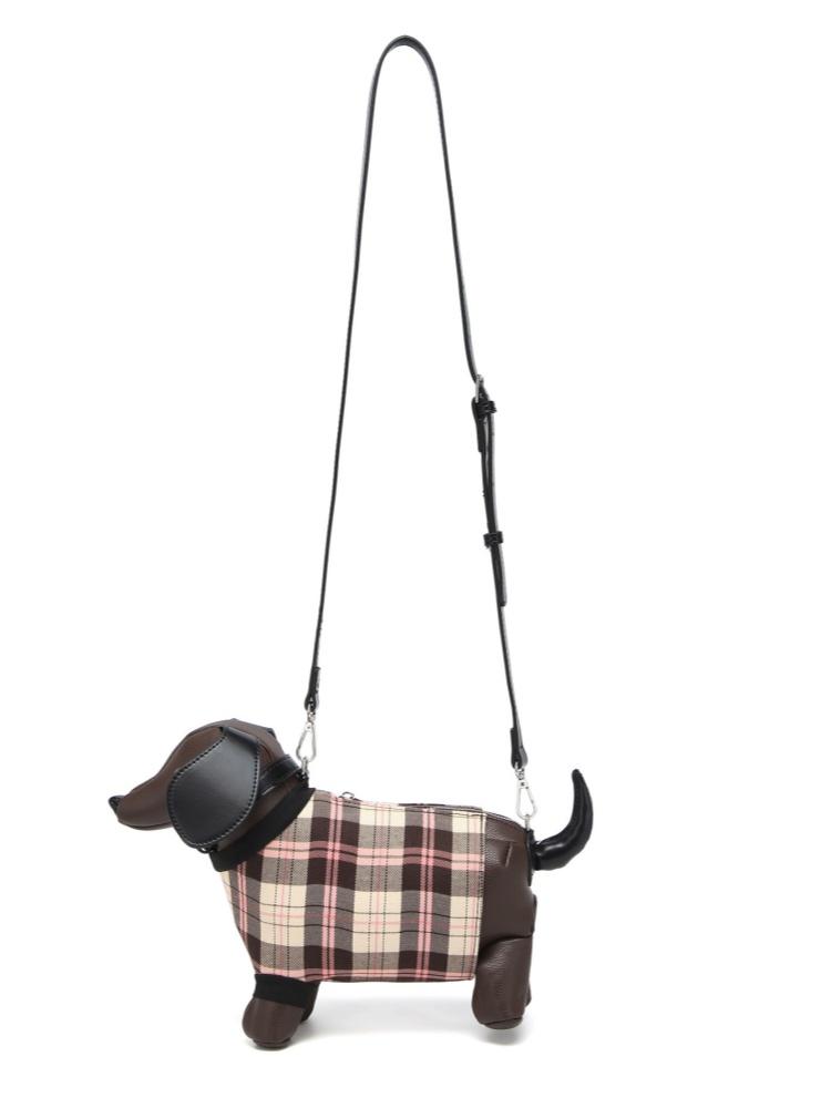Fashionable And Creative Design Sausage Dog Shaped Crossbody Bag Women's Plaid Splicing Cartoon Cute Doll Bags