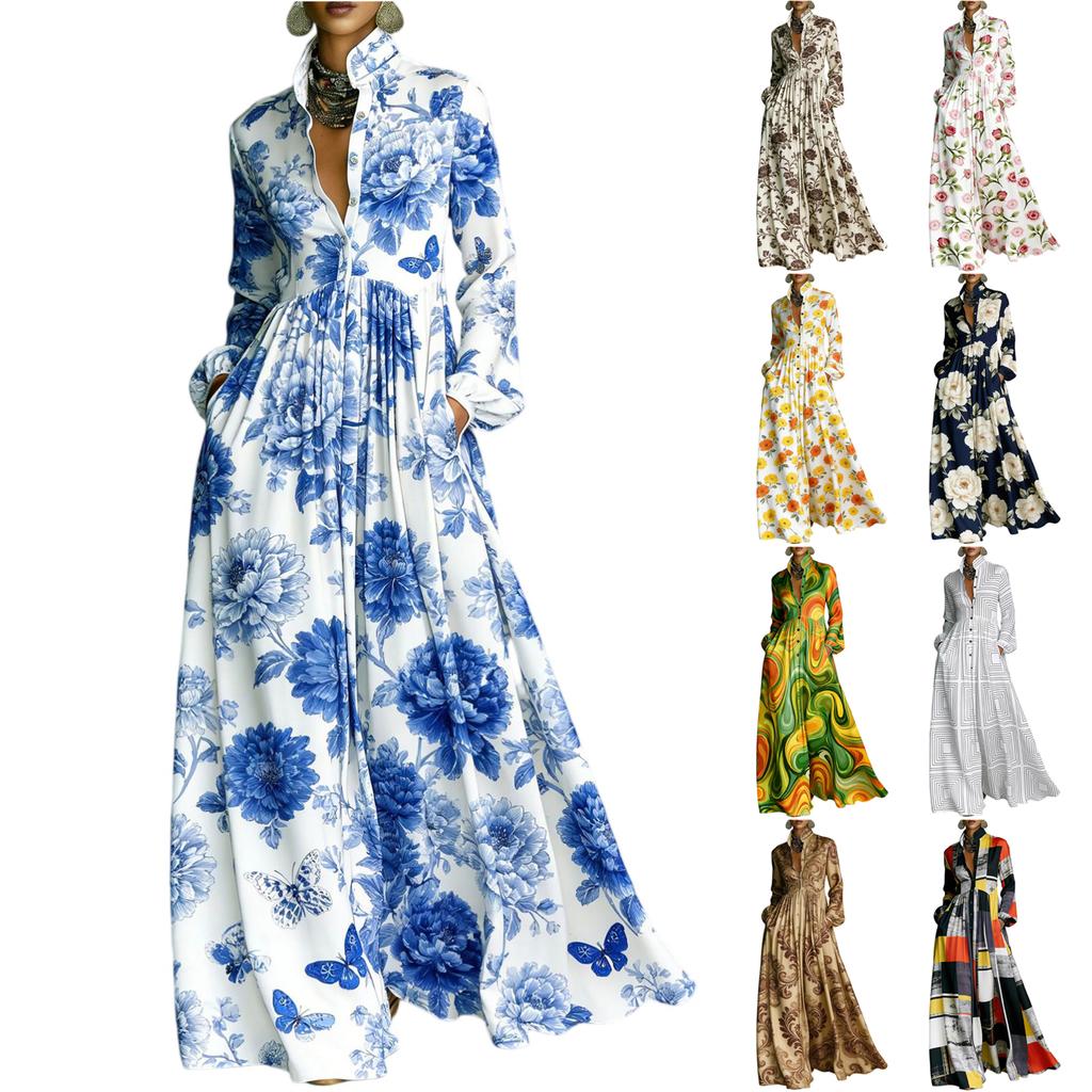 Women's Fashionable Stand Up Collar Long Sleeved Floral Print Waist Slimming Retro Casual Vacation Dress