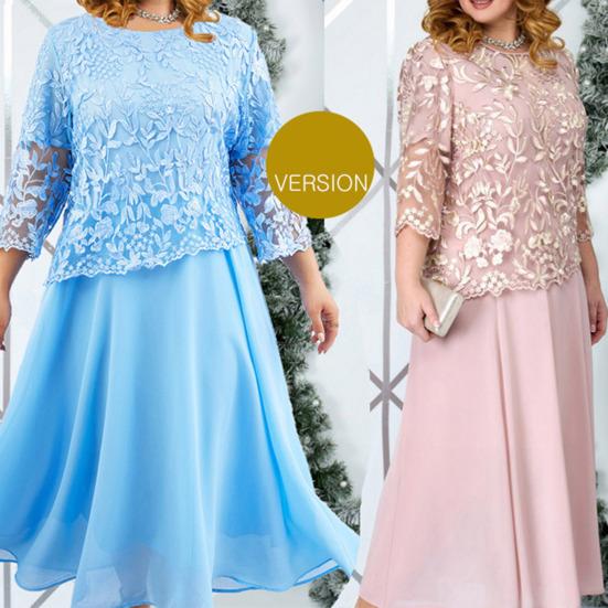 Женское платье с цветочной вышивкой, прозрачное кружево с рукавом три четверти и круглым вырезом, поддельное свободное однотонное платье из двух частей, элегантное платье макси больших размеров