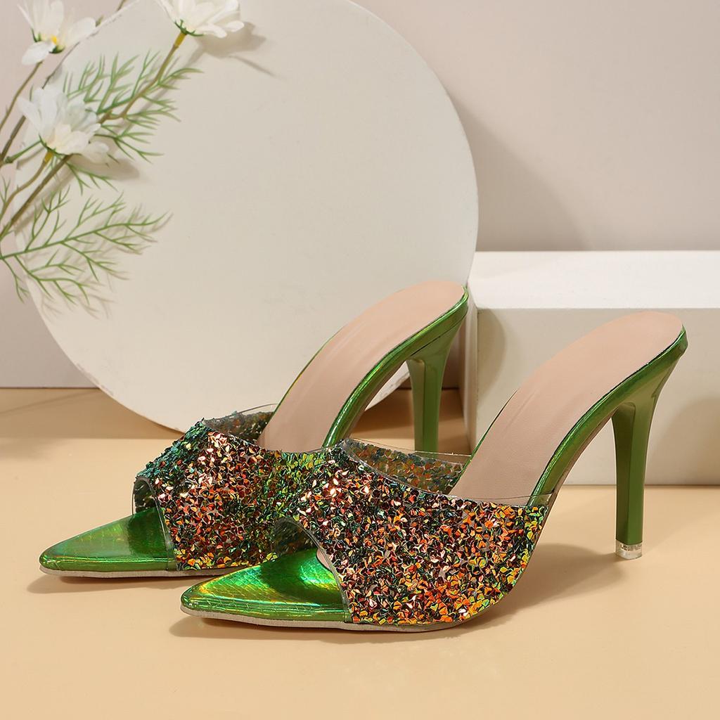 Sequin Slip Flops  Summer New Style Thin Heeled High Heeled Outwear Fashion Sandals Women's Shoes 9.5CM