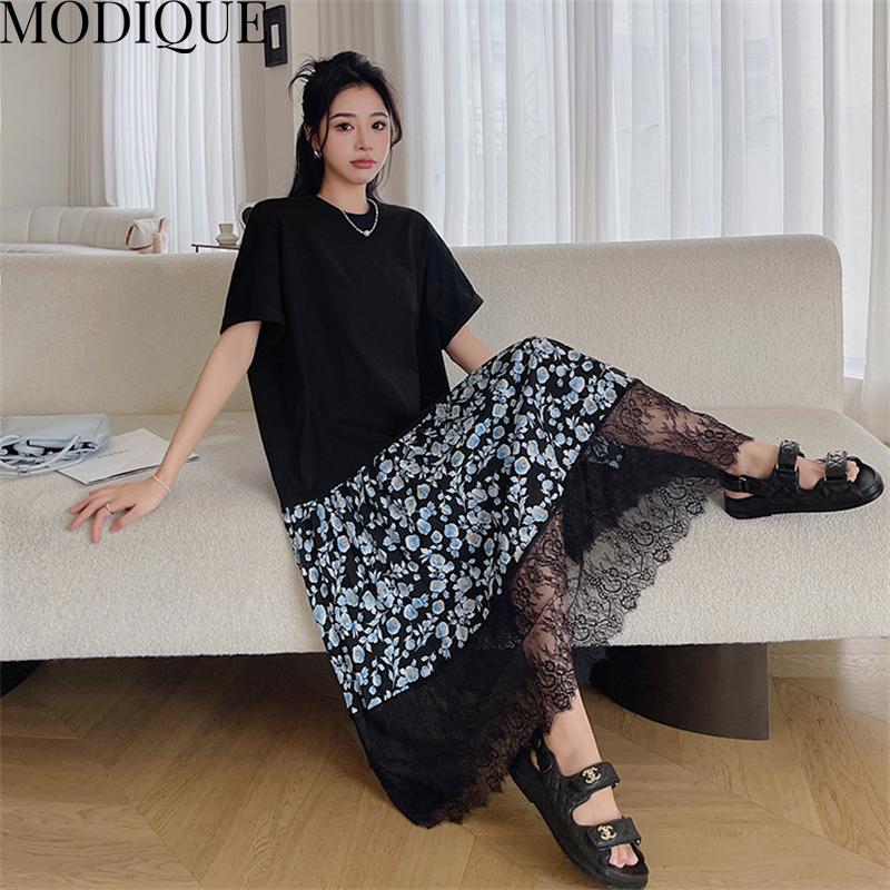 MODIQUE Summer Plus Size Women Loose Versatile A-Line Floral Print Lace Patchwork Pleated Cotton T-Shirt Long Dresses Female Casual O-Neck Dresses