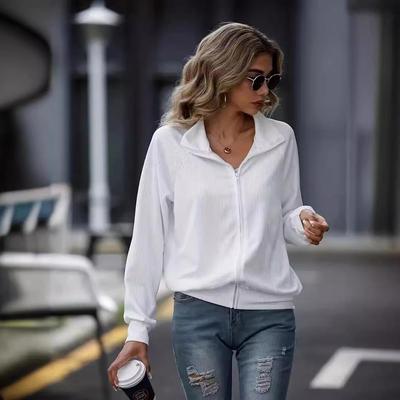 Женская повседневная вязаная куртка осень/зима — однотонная, с длинным рукавом, свободный крой, универсальная застежка-молния.