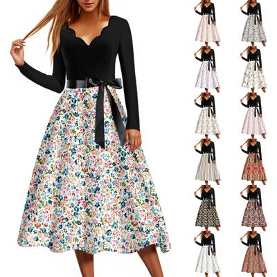 Женское повседневное модное платье винтажного стиля с цветочным принтом и V-образным вырезом