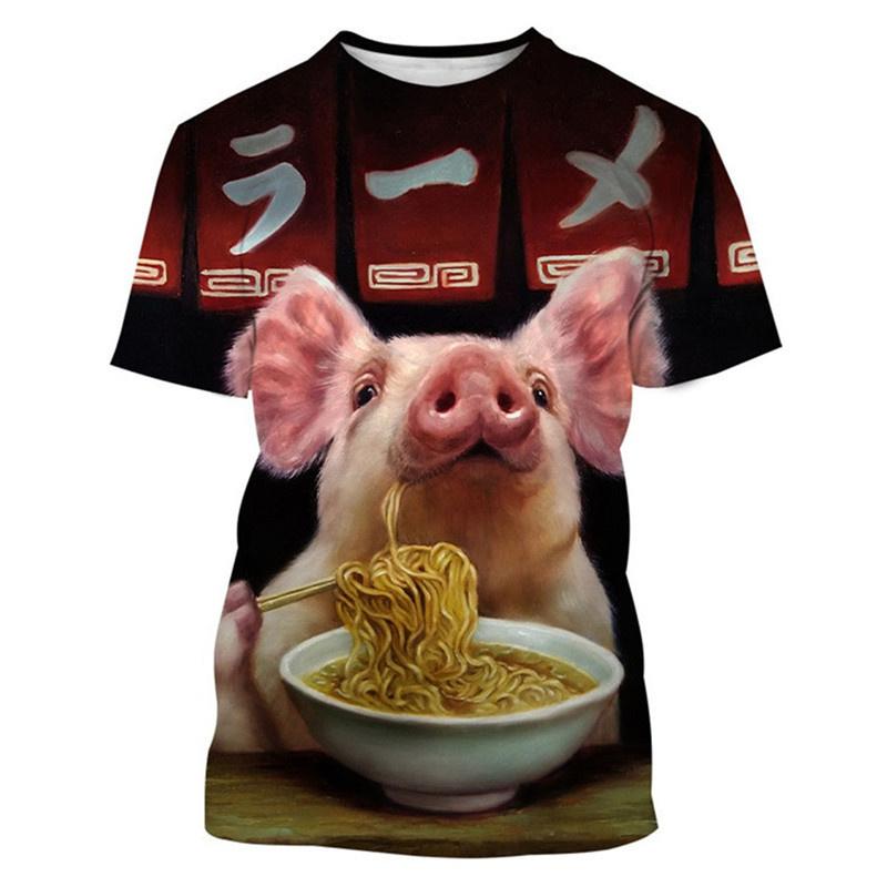 Cute Men and Women Guitar and Pork 3D Printed T-shirt, Imitating Animal Fun Summer Clothing, Round Neck, Short Sleeves, Casual