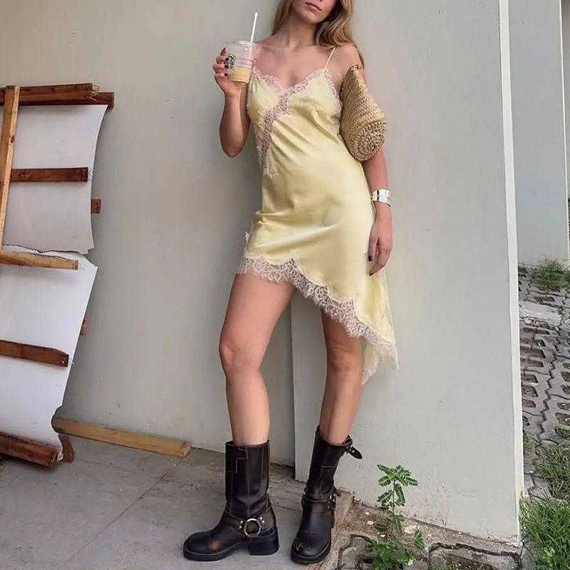 Summer New Arrival Women Clothes Sexy Style V-neck Sleeveless Silk Satin Texture Lace Asymmetric Dress 5919200