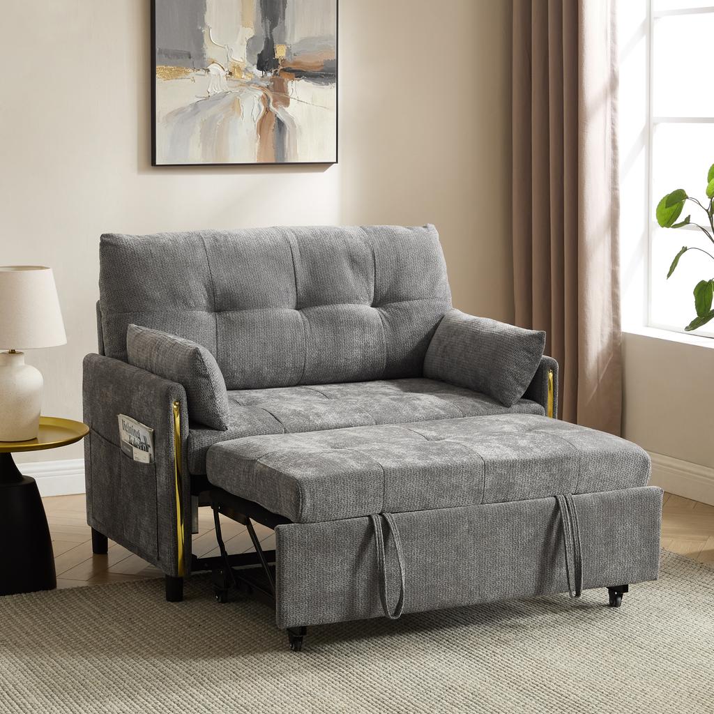 Modern 3-in-1 Sleeper Sofa 2-Seater, with 5-Way Adjustable Backrest, Pull-Out & Hidden Bed Function, Daybed, Chenille Fabric Couch with 2 Cushions