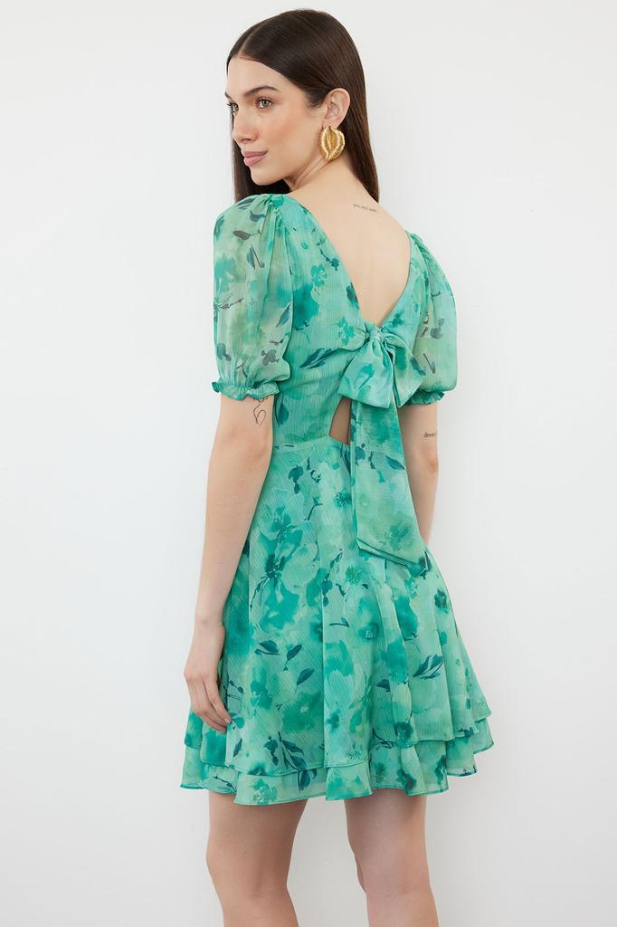 Женское стильное платье с зеленым узором, мини-шифоновое тканое платье на подкладке с вырезом на талии