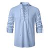 Весенняя мужская рубашка на шнуровке с воротником-стойкой в ​​стиле ретро с длинными рукавами, сплошной цвет, мягкий дышащий пуловер средней длины, деловой повседневный топ для отпуска