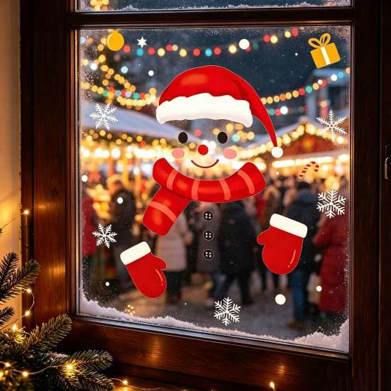 Creative Holiday Gifts Christmas Static Window Clings, Smiling Snowman Decals with Snowflake Transparent Film Patterns, Waterproof PVC Glass