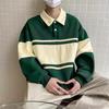 Men's Striped Colorblock Polo Collar Sweatshirt - Spring/Autumn Trendy Loose Fit for Teens