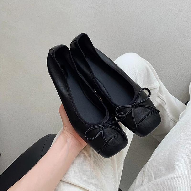 Виноградный мать дочь возвращается балетный стиль сращивание маленький квадратный носок неглубокий вырез одна педаль плоская подошва бант плоская подошва одинарная обувь женщины