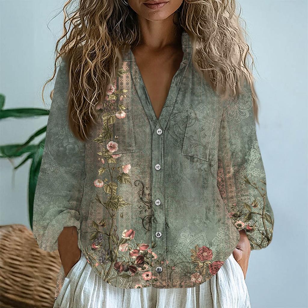 Women Cotton Linen Tops Long-sleeved Shirts Loose V-Neck Boho Tees Vintage Blouses