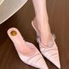 Fashion Spring New Baotou Slippers Women Fashion Pointy Folds Lace Shallow Mouth Slip-on Anti-slip Wear-resistant High Heels