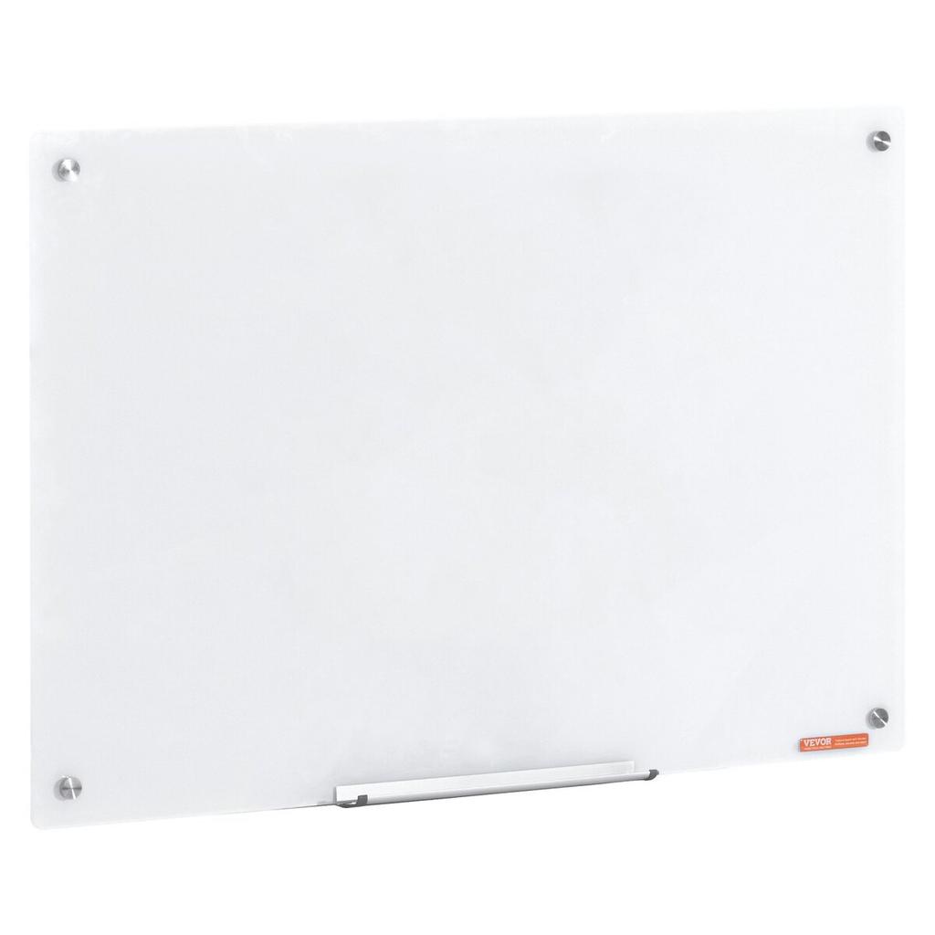 Magnetic Glass Whiteboard, Dry Erase Board 900 x 600 mm, Wall-Mounted Large White Glassboard Frameless, with Marker Tray, an Eraser and 2 Markers,