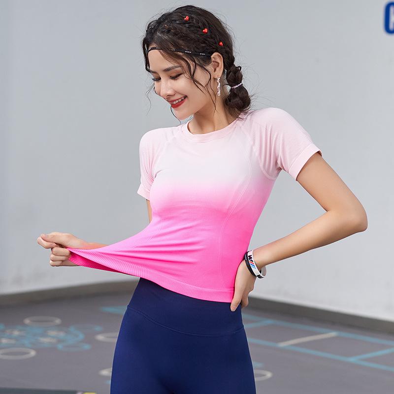 Женский градиентный быстросохнущий топ с коротким рукавом для йоги и бега, слим-фит