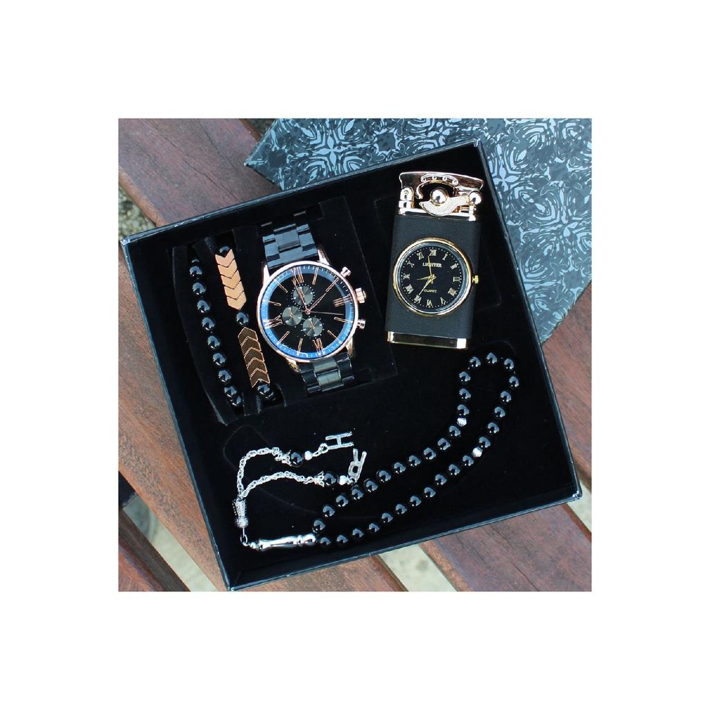 Набор мужских наручных часов со стальным ремешком, мужской браслет с четками и браслетом с зажигалкой и подсветкой, набор спортивных часов