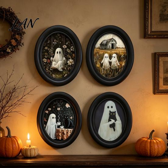 Ghost Oil Painting Print Halloween Wall Art, Cute Table Sign, Vintage Oval Framed Decor Picture, Decorative Art for Mantel Living Room Bedroom