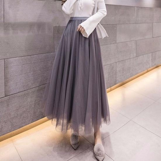 Women Midi Skirt Elastic High Waist Long Skirt with Solid Mesh Hem Solid Color A-Line Skirt Daily Wear