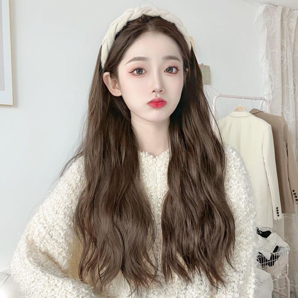 Clip in Half Headband Wig Korean Style Long Wavy Curly  Hair Wide Knit Headband Wig  Party