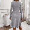 Autumn Winter Sweater Dress V Neck A-line Knitted Button Decor Patchwork Long Sleeves Big Hem Midi