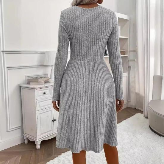 Autumn Winter Sweater Dress V Neck A-line Knitted Button Decor Patchwork Long Sleeves Big Hem Midi