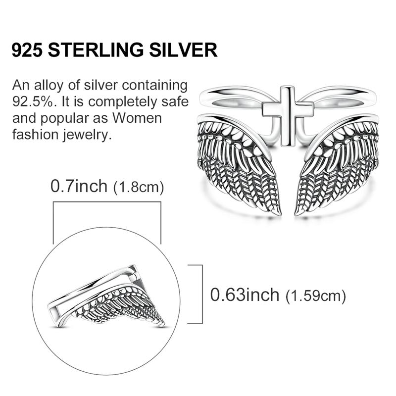 925 Sterling Silver Vintage Angel Wings & Cross Double Band Ring Adjustable Open Ring for Women Girls Daily Wear Jewelry Gift