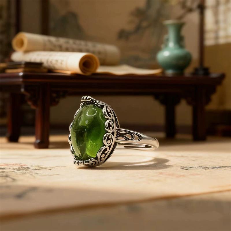 Retro Ethnic Style Thai Silver Hollow Withered Vine Green Zircon Adjustable Rings For Women Fashion New Jewelry Gift
