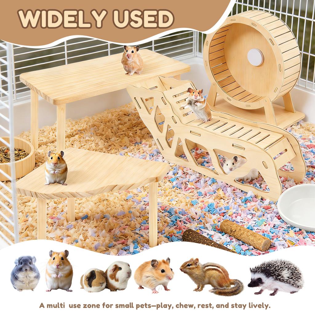 3/4Pcs Hamster Platform Natural Wood Hamster Climbing Toy with Ramp Tunnel Shelter Small Pet Resting Area Hamster Cage Accessory