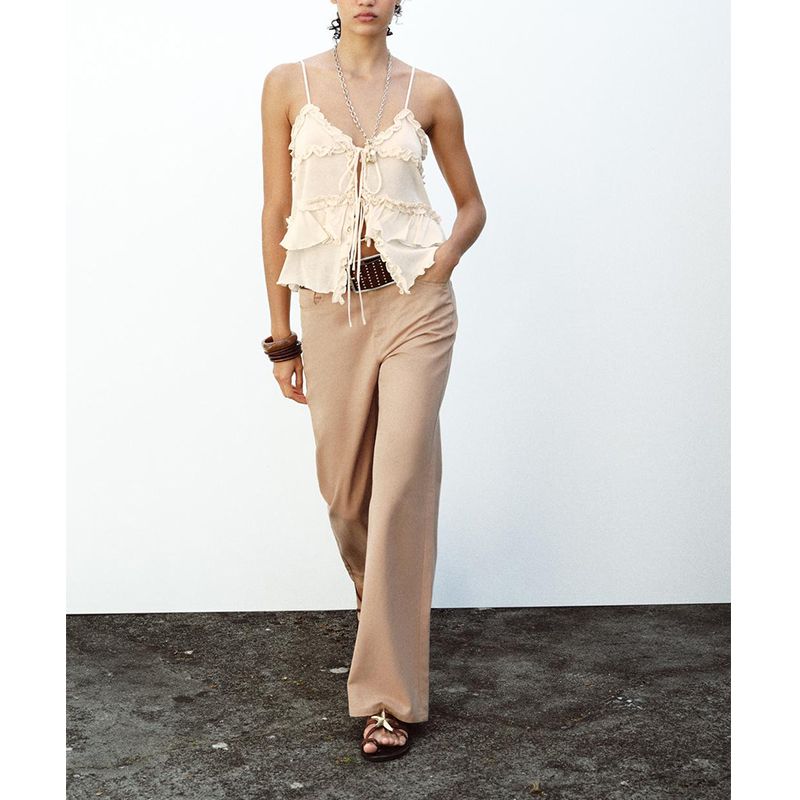 Spring and Summer New Women's Clothing Laminated Decoration Bows Ruffles V Neck Camisole Knitting Tops 4192047