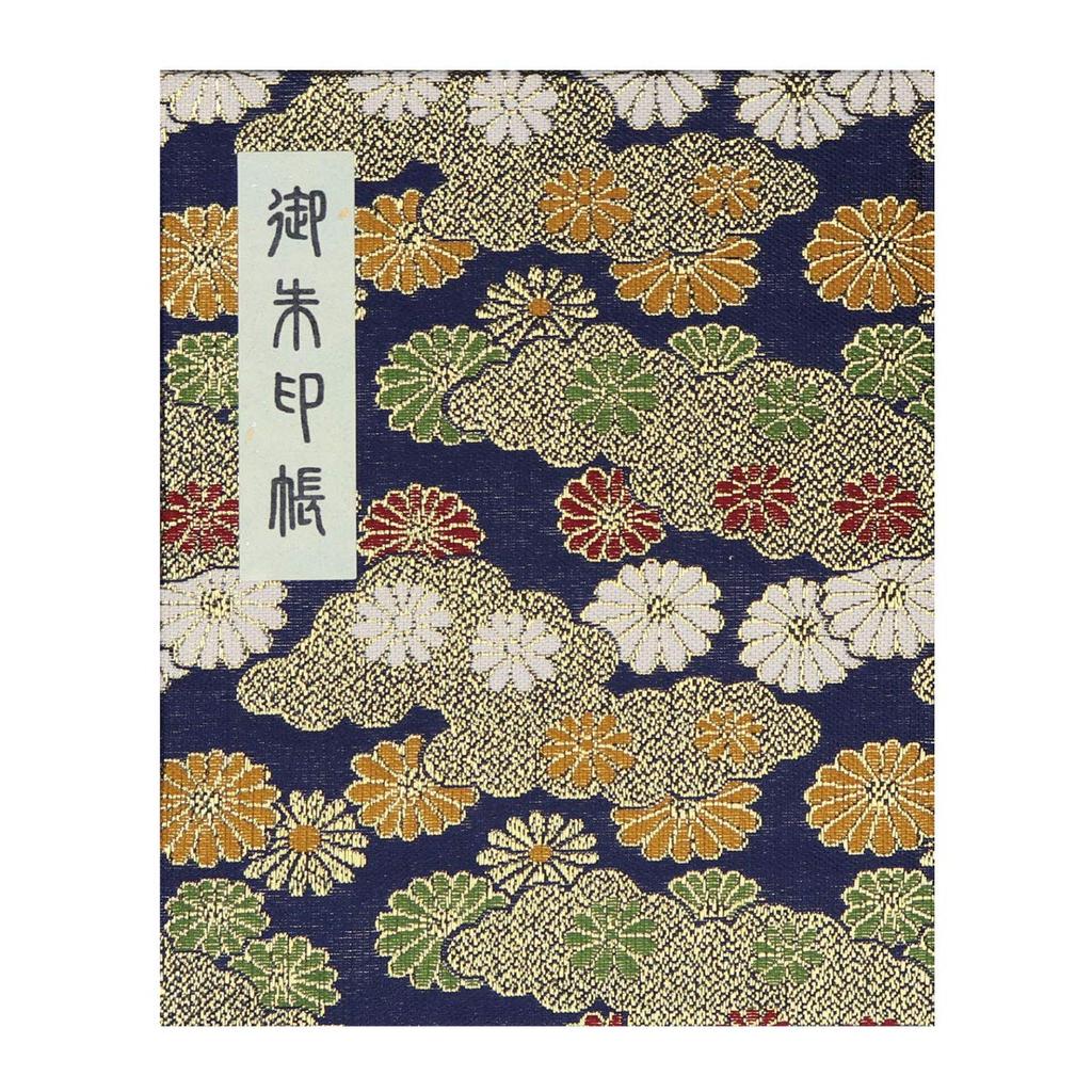 Goshuin Book, 60 Pages, Book Type, Vinyl Cover Included, Hotokudo Original Bookmark Included, Gold Brocade, Chrysanthemum Pattern, Navy Blue