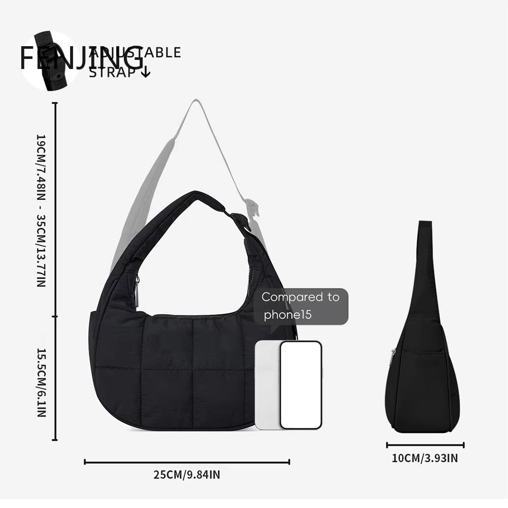 Underarm Bag for Women Quilted Shoulder Bags Nylon Adjustable Strap Handbag with Zipper Hobo Bag for Work Travel Half Moon Purse