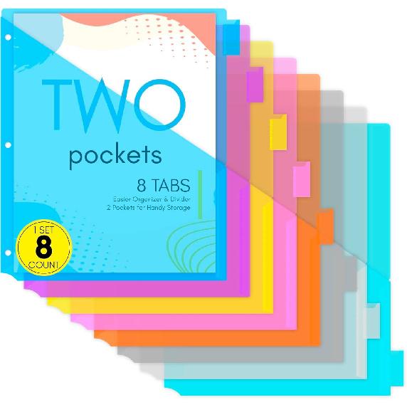Enday Dividers with Pockets for 3 Ring Binder, 8 Subject Dividers, Plastic Multicolor 8 Pack with Tabs and Pockets