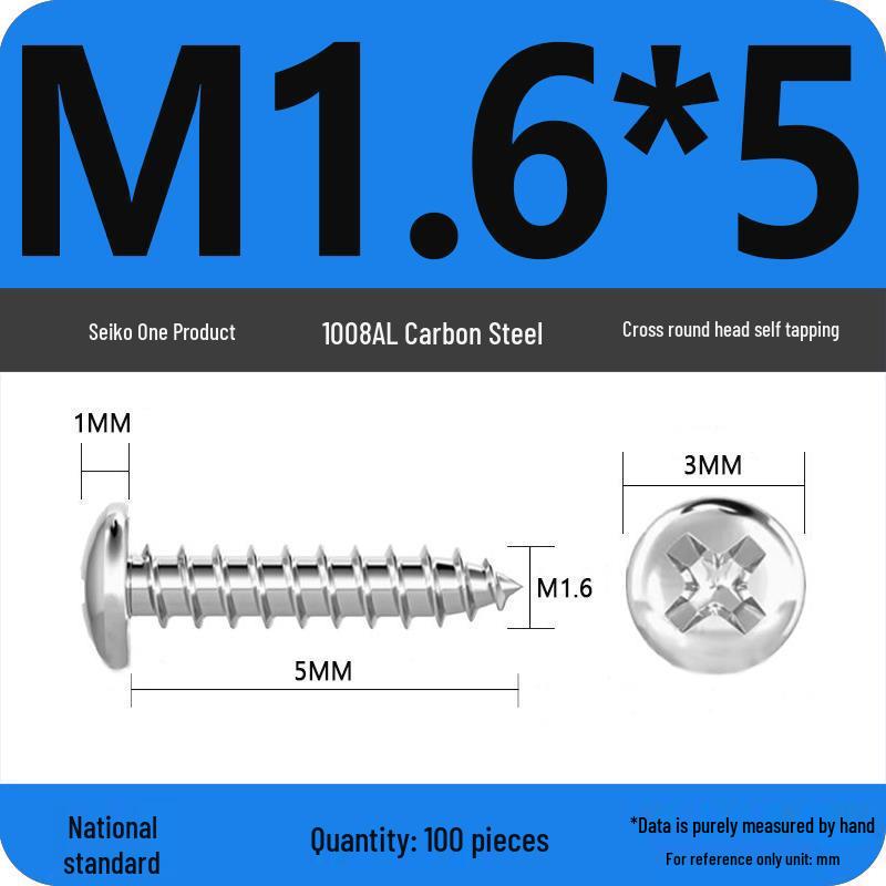 Galvanized Self-Tapping Screws, Round Head, White Zinc, PA Cross Pan, Pointed Tail M1.2-M4
