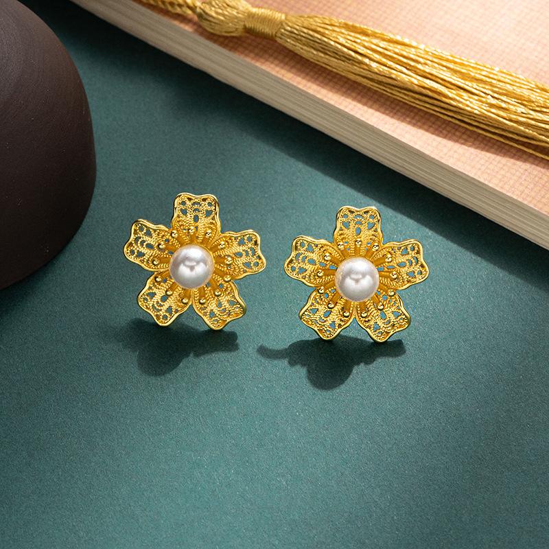 JMXD-Chinese Style Flower Silk Inlaid with Antique Earrings Imitation Pearl Stud Earrings Ancient Method Hanfu Jewelry Silk Filigree