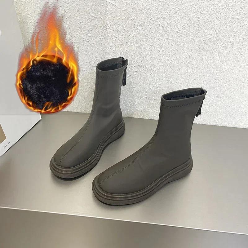 Fashion Winter Cotton Women's High Boots Fashion Soft Leather Back Zippers Long Botas Ladies Comfort Short Plush Knee High Booties