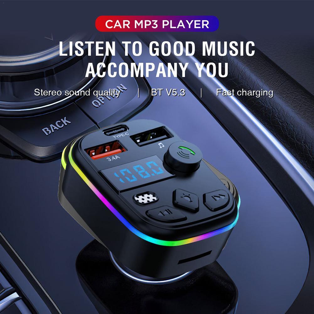 Bluetooth 5.3 Автомобильный FM-передатчик PD Type-C Dual USB Ambient Player MP3-зарядное устройство Type-C Беспроводной светильник Handsfree PD QC3.0