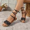 Fashion Flower Crystal Lace Up Women Flats Shoes Fashion Elegant New Summer Sandals 2025 Classical Slippers Walking Sandalias De Mujer