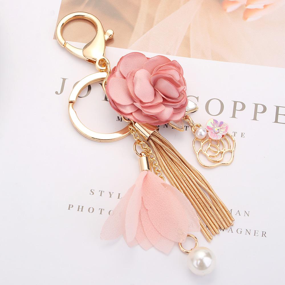 Porte Bag Pendant Crystal Gold Color Rose Flowers Key Ring Tassel Keychain Key Chain