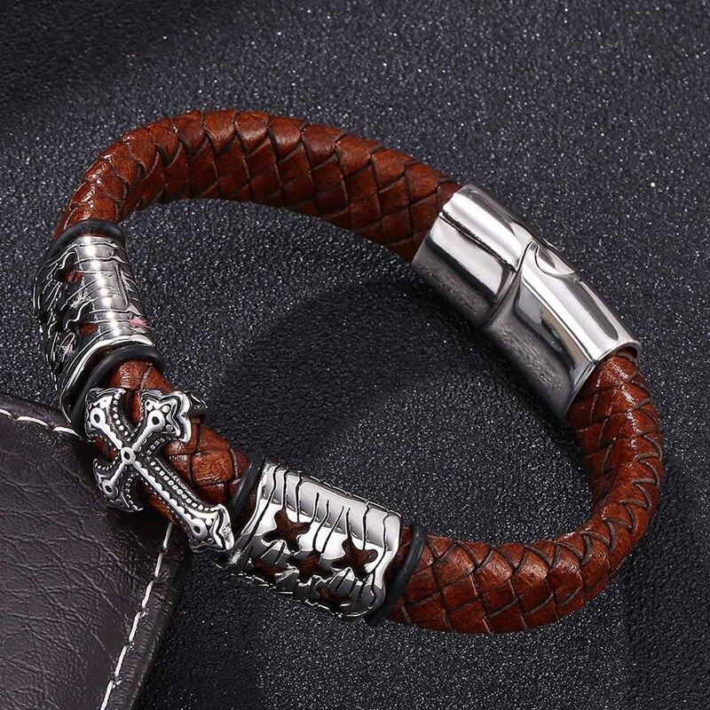 Vintage Cross Leather Bracelet Of Men Brown Braid Charm Steel Clasp Bangles Male Jewelry Gift