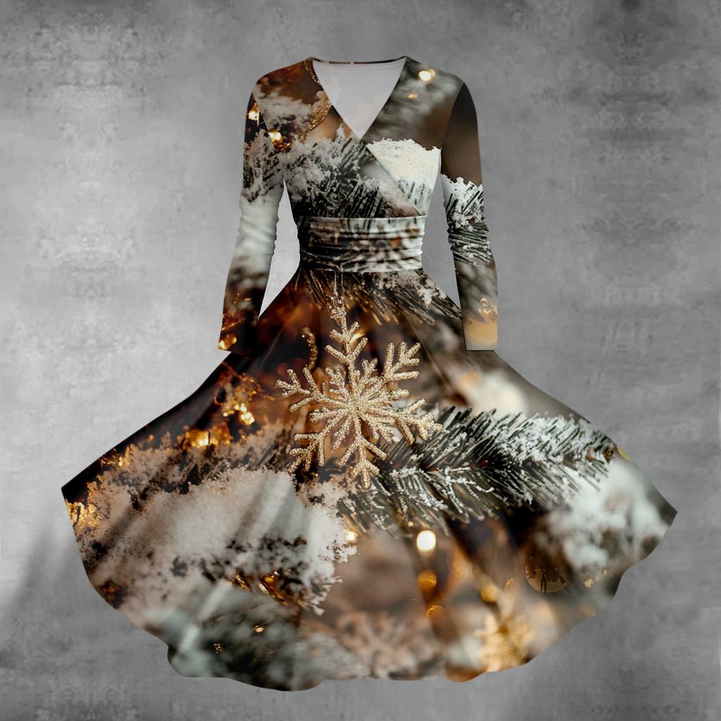 Женское облегающее платье свободного кроя с принтом рождественской елки и снежинок, V-образным вырезом и длинными рукавами