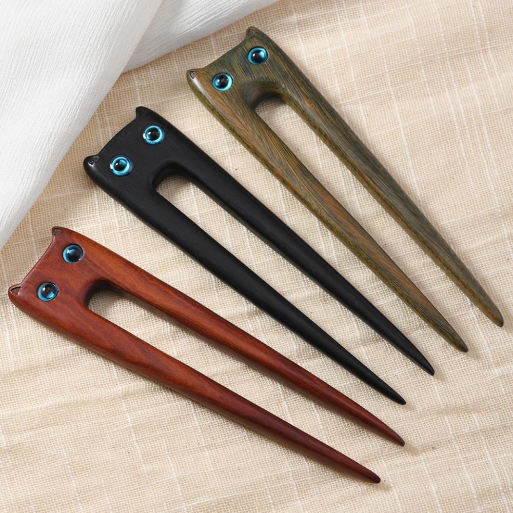 Wooden Sandalwood Cat Hairpin Vintage Blackwood Kitty Hair Stick Exquisite Boys/Girls