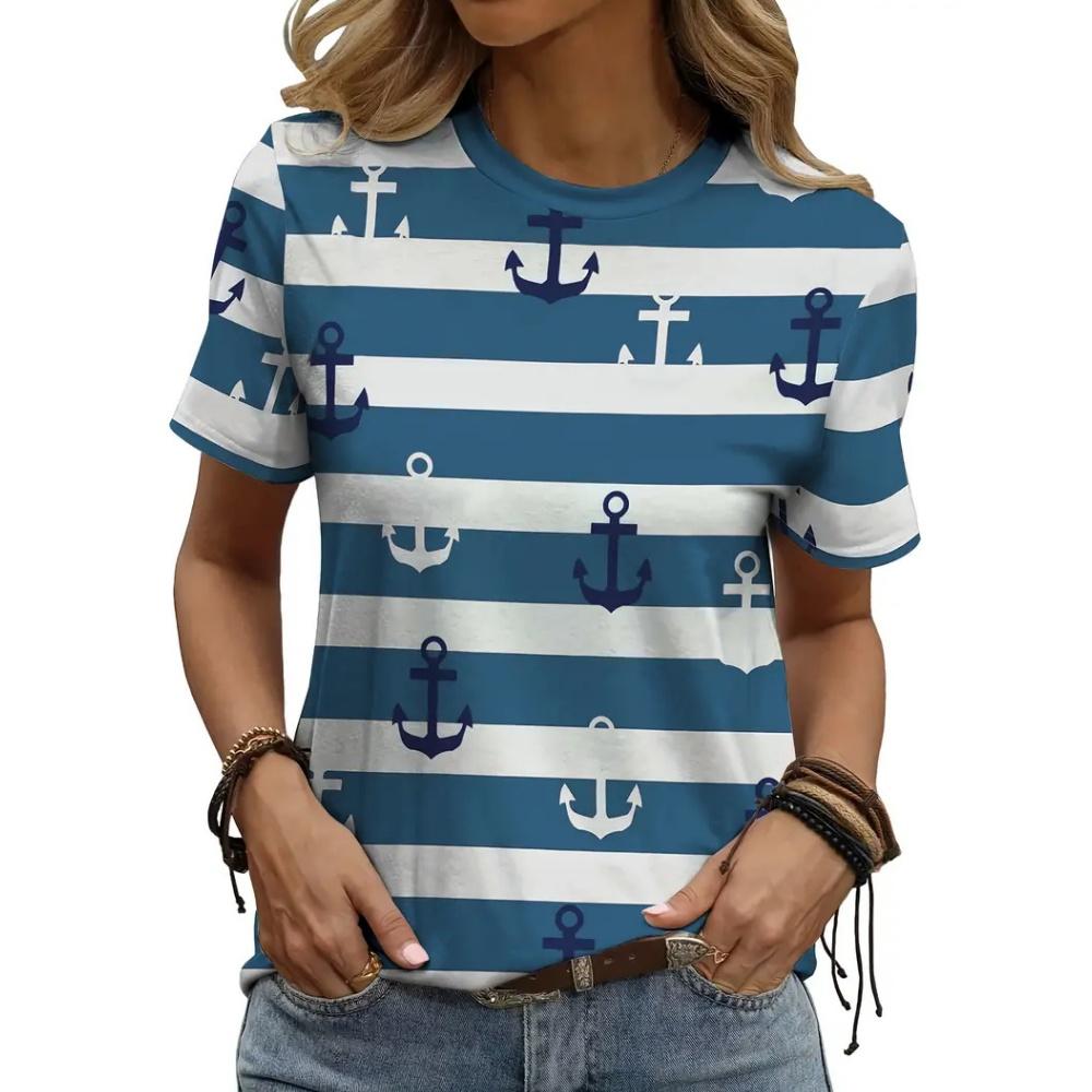 Fashion Boat Anchor Pattern Women's Clothing Summer Striped Patchwork Color Round Neck Short Sleeved Tops Loose Casual Oversize