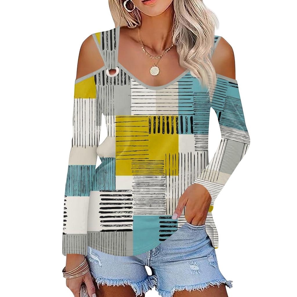 Women's Casual Shirt Blouse Print V-neck Sexy Cold Shoulder Long Sleeve Top