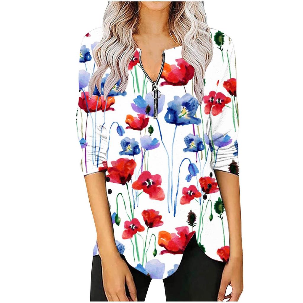 Women's Fashion Casual Long Sleeve Print Round Neck Pullover Top Blouse
